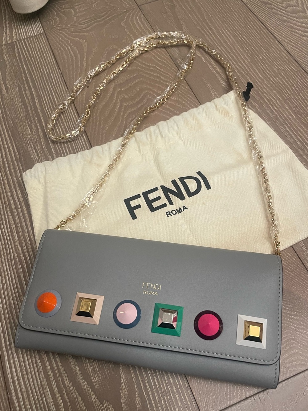 Fendi NWOT Authentic Gray Leather Crossbody with Multicolor Gem Accents